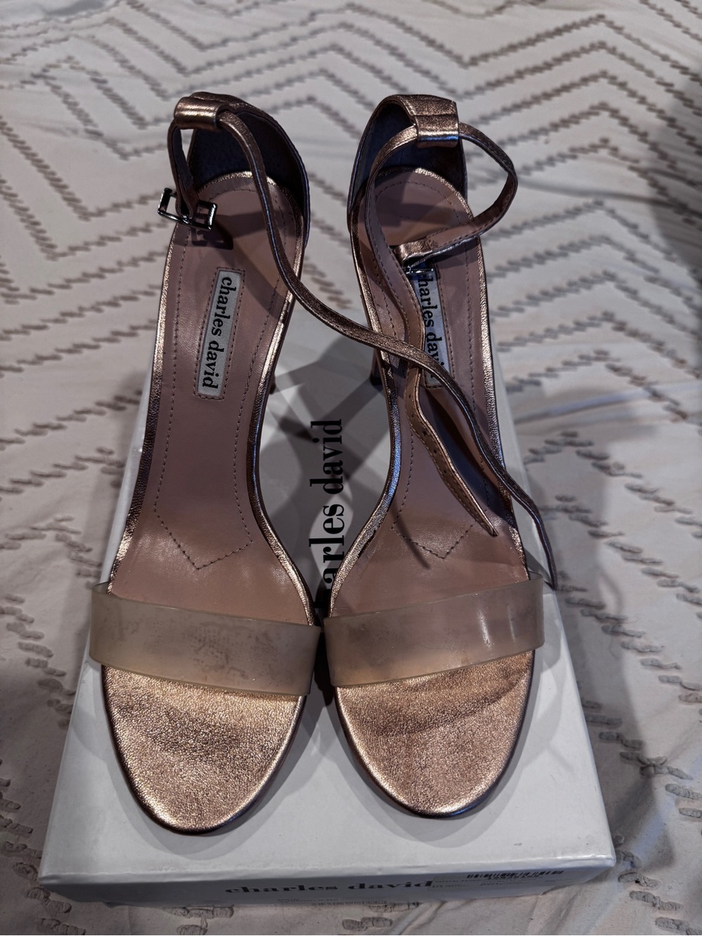 Charles David Rose Gold Metallic Cristal Strap Heels with opaque Toe Band